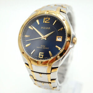 Pulsar by Seiko Mens Two Tone Dress Watch 39mm Blue Date Dial with New Battery